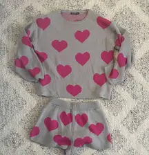 Nasty Gal Matching Sweater and Shorts Set Gray and Pink Hearts So Cute! Size S