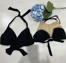 Lot of 2 bikini tops black Athleta and Bikini Lab Tie Top black Beige Crochet
