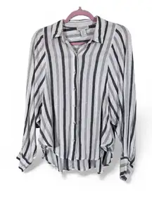 Calypso St Barth Grey White Linen Button Down Shirt Womens L Classic Beachy Top