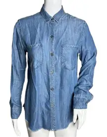 Rails Shirt Womens XS Blue Carter Button Down Dark Vintage Wash Raw Hem Chambray
