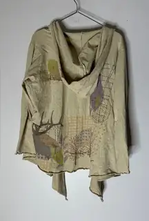 Bluefish Open Hooded Cardigan Tree Deer Print Lagenlook‎ Cream Size 2 CP