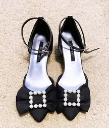 Japanese En Punto Black Shimmery White Pearl Bow Glittery Low Heels Pumps Heels