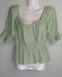 Urban‎ Romantics Green Peplum Babydoll Top Womens M Boho Eyelet Smocked Blouse