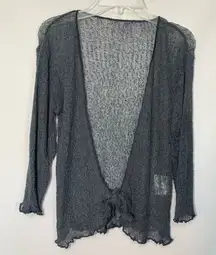 Women's Lettuce Trim Long Sleeve Tie Front Sheer Swimsuit Cover Up Gray OSFM