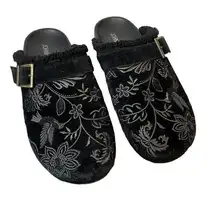 Johnny Was Bluma Sherpa slip on embroidered clog mule black sz 9