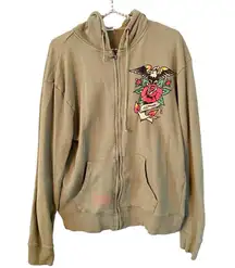 Ed Hardy Size Large Vintage Y2K Green Eagle Rose Full Zip Hooded Sweatshirt