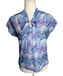 Vintage 80s Blouse Bow Tie Small Zigzag Pastel Purple Blue Short Sleeve Sheer