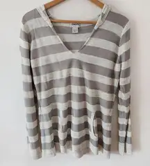 Chicos Striped Hooded V Neck Lightweight Shirt Top Tan Gray Size 1 Linen Blend