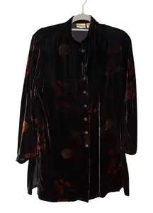 Chico's Asian Silk Velvet Printed button front Long Jacket black orange red 1‎