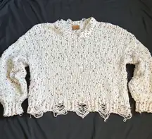 POL White Confetti Distressed Chenille Sweater  Size Small