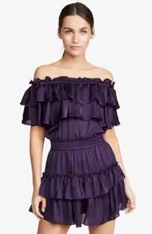 Misa Giada Purple satin ruffle dress off shoulder