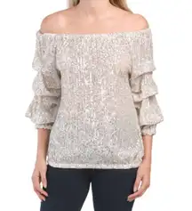 CeCe Silver/champagne Off Shoulder Sequin Top M