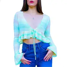 SHEIN Pastel Rainbow Y2K Aesthetic Cropped Open Knit Festival Sweater Size Small