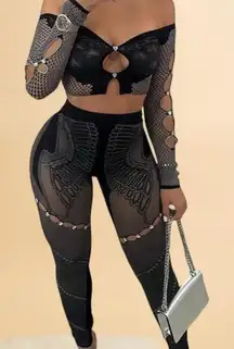 Black Rhinestone Mesh Two Piece Set Crop Top & Leggings Size S