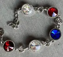 Handcrafted bracelet with blue red and clear Swarovski crystals