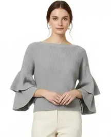 Express Boat Neck Sweater Womens S Gray 100% Cotton Tiered Sleeve Old Money