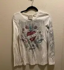 Vocal Embellished True Love Tattoo Print Long Sleeve T-Shirt New Without Tag