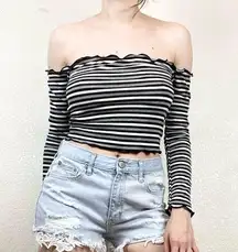 Heart & Hips Hearts & Hips Black & White Striped Off the Shoulder Long Sleeve Crop Top