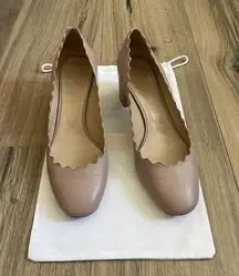 CHLOE Lauren Beige Classic Leather Scalloped Block Heel Pumps Made Italy EU 40