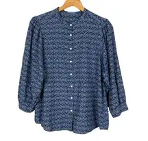 J. McLaughlin  Blouse Womens Large Blue Silk Cotton Puff Sleeve Button Down Shirt