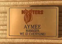 Hooters Girl Worn Gold Uniform Manager Name Tag “Aymee”
