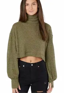 Free People Army Green Waffle Knit Cropped Mockneck BK Top Shirt size Large