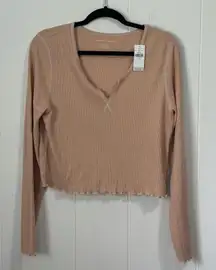 American Eagle Tan Waffle Knit V-Neck‎ Cropped Long Sleeve Top XL New