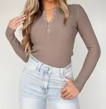 Lane 201  Ribbed Long Sleeve Top- Mocha/Taupe