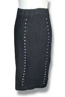 Vintage 90s Black Cable Knit Maxi Skirt Metallic Silver Studs Small Silk Angora