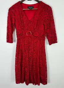 Perceptions Petite PS Red Lace Belted Dress Romantic Holiday Cocktail Party Glam