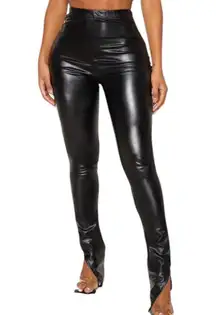 PrettyLittleThing Black Faux Leather Side Split Hem High Rise Pants Size 6