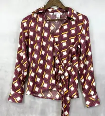 Cupcakes And Cashmere Women Blouse Small 70s Print Wrap Top Statement Disco