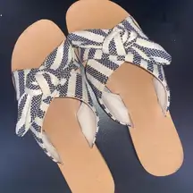 blue & white canvas slide sandals - size 8.5