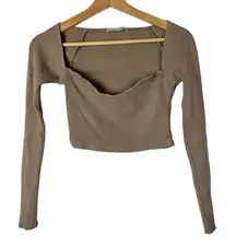 Pull & Bear Taupe Light Brown Ribbed Heart Neckline Crop Long Sleeve Top S