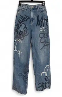 Divided Blue High Rise Women Jeans with Graffiti Design