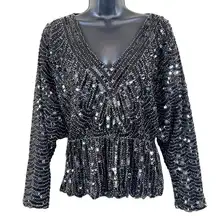 Beulah Style Black Sequin Peplum Blouse