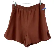 NEW Linen Blend Pull On Shorts Size L Round Hem Rust Brown Pockets Resort Wear