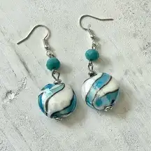 Turquoise blue and white stripe drop earrings