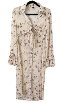 Dazy Sheer Floral Button Front Long Duster Blouse Tie Front Women’s Size Large