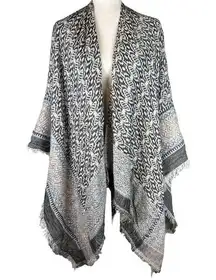 BCBGMAXAZRIA Womens Boho Poncho Wrap Sweater One Size Black Beige Fringe Trim