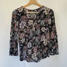 Mark Floral Black Long-Sleeve Blouse Size S/P With Bell Sleeves comfortable