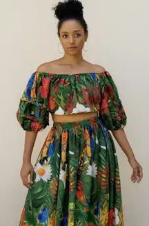 Rachael Zoe Tropical Boho 2 Piece Set Off Shoulder Crop Top & Maxi  Size Small