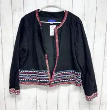Simply Styled Jacket Women Size XL Black Embroidered Trim Open Front Long Sleeve