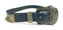 Brighton Brass Tone Floral Embossed Buckle Black Leather Belt Size M 27-31"