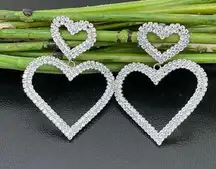 Unsigned Silver-tone Open Heart Pave Clear Rhinestones Hearts Drop Earrings 12g.