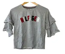 Tommy Hilfiger Gray Spell Out 3/4 Ruffle Sleeve Lightweight Sweatshirt Sz XS