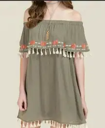 Miami NWT  Off The Shoulder Mini Dress Dark Olive Orange Cream Tassels Size Small