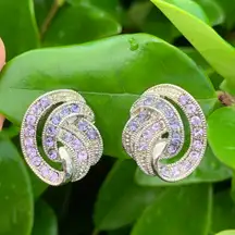 Purple/Blue Rhinestone Clip-On Earrings Silver Knot Style