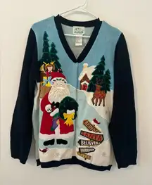 Quacker Factory North Pole Santa Workshop Christmas Sweater Cardigan NWT M *read