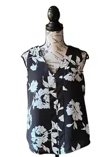 T Tahari black white floral sleeveless pullover blouse flowy relaxed fit XS